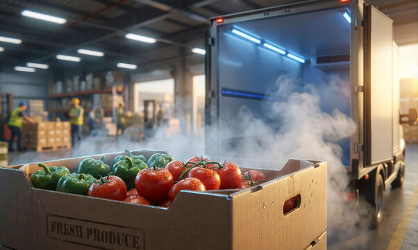 Fresh Produce Delivery with Refrigerated Truck and Vegetables in Cold Chain Warehouse Logistics