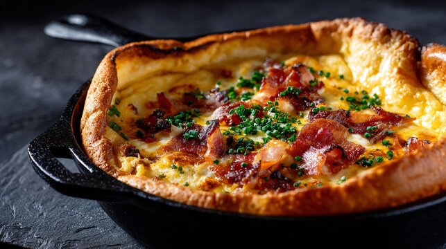 A savory bacon and cheddar Dutch baby pancake served on a dark stone surface with bold contrast lighting