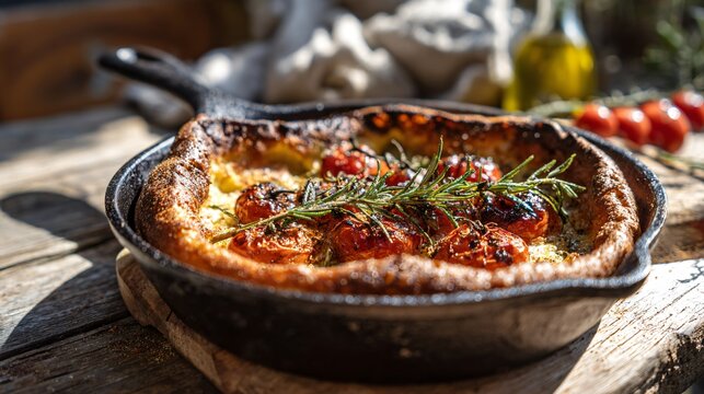 A savory roasted tomato Dutch baby pancake arranged on a rustic wooden counter with Mediterranean styling and warm sunlight