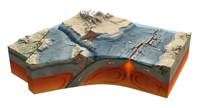Geological Cross-Section 3D Render Showing Earth's Tectonic Plate Boundaries and Mantle Convection