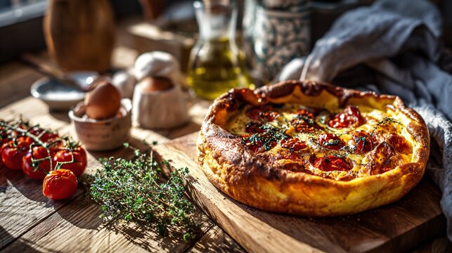 A savory roasted tomato Dutch baby pancake arranged on a rustic wooden counter with Mediterranean styling and warm sunlight