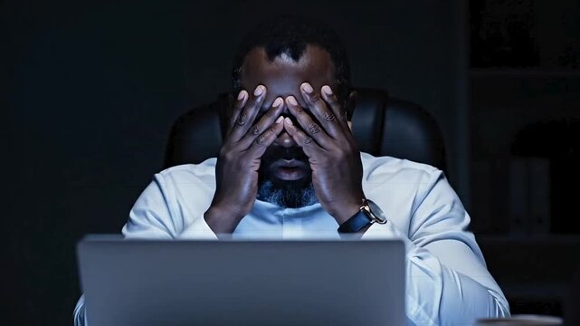 Exhausted Mature Businessman Working Late at Night in Dark Office, Suffering from Eye Strain and Stress