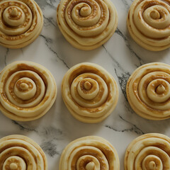 Fototapeta premium Top view of several cinnamon buns, before baking, forming a pattern 