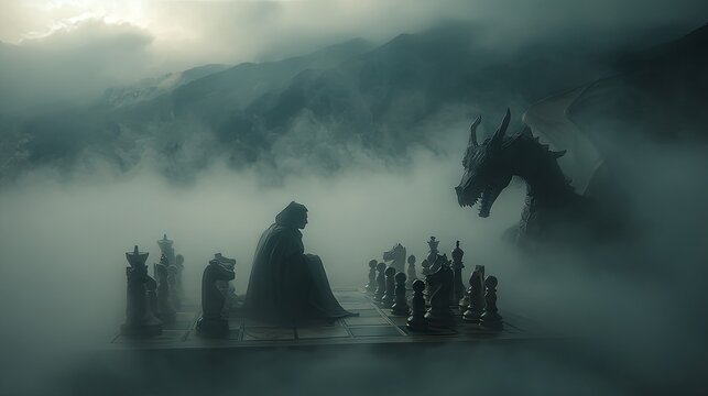 A shadowy knight and a dragon confront each other over a chessboard in a fog-filled, dreamlike landscape
