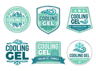 Obraz premium Cosmetic cooling gel product label emblems: frosty snowflake icons, mint blue skincare badges.