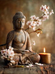 Fototapeta premium Serene wooden Buddha statue surrounded by delicate blooming flowers and a glowing candle, creating a peaceful and meditative atmosphere on rustic surface