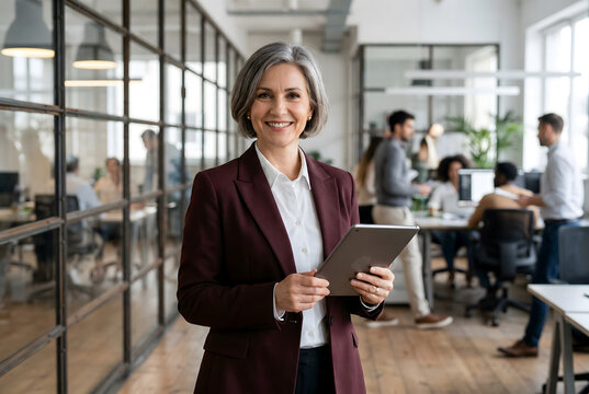 Smiling businesswoman holding tablet in modern office with colleagues working.