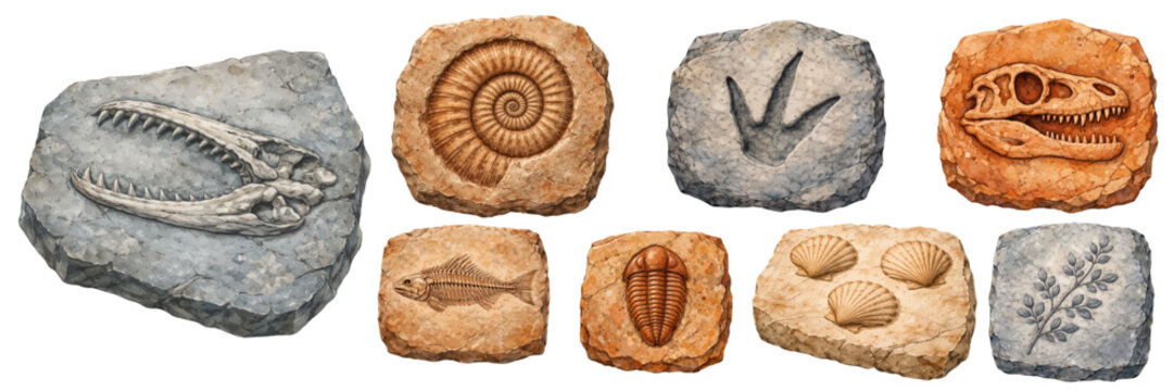 A watercolor collection of archaeology fossils featuring dinosaur skull impressions, ammonite, trilobite, fish fossil, footprint, shells, and botanical stone imprints isolated on white background.