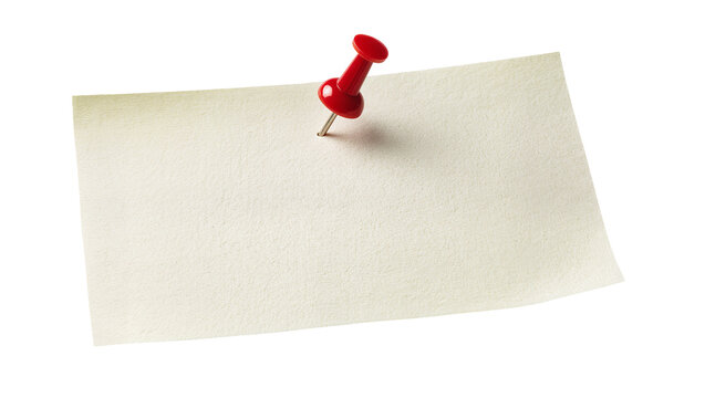 Isolated blank note paper with a red thumbtack, a simple and clean memo or reminder