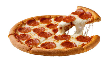 Isolated Pepperoni pizza with a pulled slice and delicious melted mozzarella cheese stretching.
