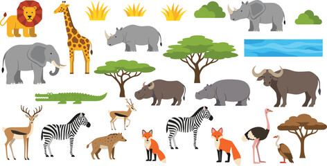 Obraz premium African Safari Animals and Nature Elements Set with Lion, Elephant, Giraffe, Zebra, Rhino, Trees, Water and More Flat Vector Wildlife Illustrations for Design.