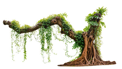 Isolated old tree with sprawling roots and long branch covered in lush green tropical foliage © Iura