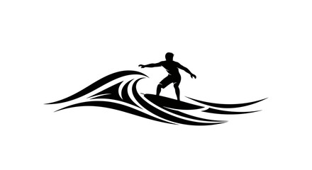 Fototapeta premium Dynamic Surfer Silhouette Riding Stylized Ocean Waves Emblem