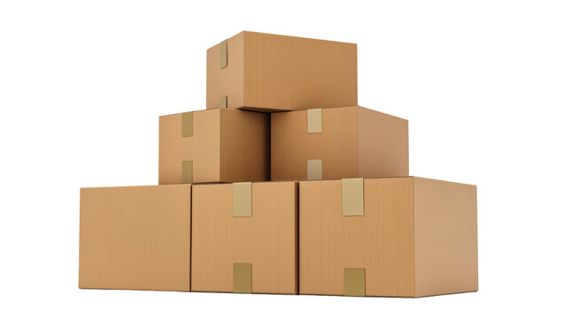 Isolated pyramid stack of six sealed brown cardboard boxes ready for moving, shipping, and storage.