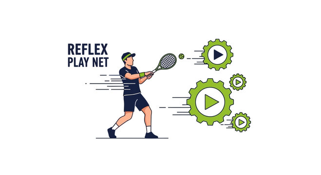 Dynamic Tennis Player With Play Button Gears In Motion