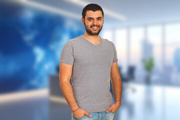 Fototapeta premium Man smiles warmly, hands in pockets