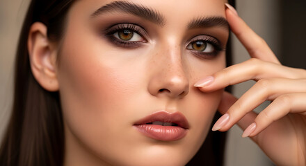 Close Up Beauty Portrait of Woman with Natural Makeup and Nude Nails