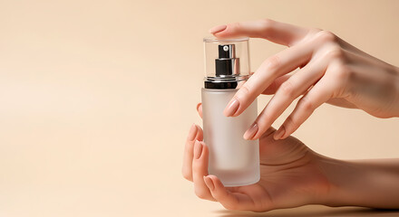 Minimal Cosmetic Bottle Mockup Held by Female Hands on Beige Background
