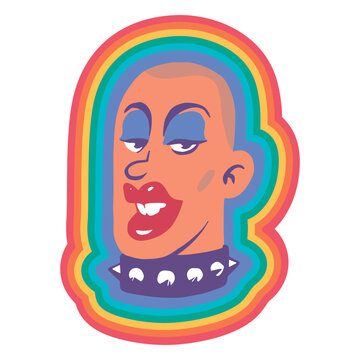 Sticker with a cartoon face and a rainbow background
