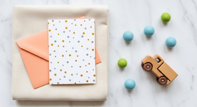 Flat lay of card, envelope, wooden toy truck, and spheres on a marble surface