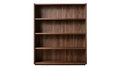 Isolated natural dark wood grain bookcase with five empty shelves for organization © Iura