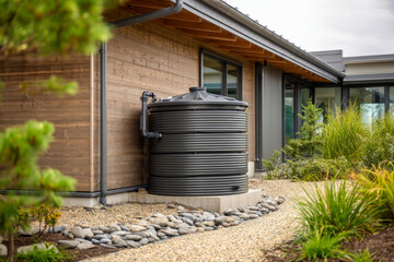 Obraz premium Modern House Exterior With Black Water Tank Installed Along Side Yard Gravel Path