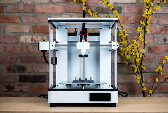 A 3D printer is on a wooden table against a brick wall, actively printing.