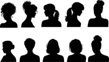 Women hairstyle silhouette set with diverse female profiles, buns, ponytails, short and curly hair, beauty avatars isolated on white background © MSTALIFNUR