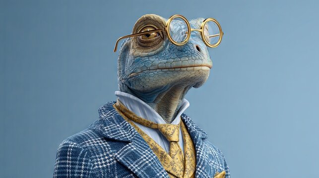 A lizard-like humanoid dressed in formal business clothing, wearing pince-nez glasses.
