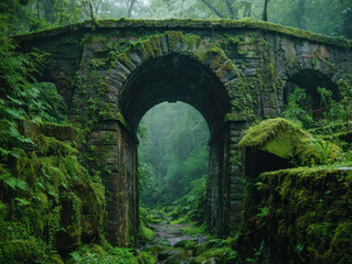 Obraz premium Ancient stone archway covered in vibrant moss and surrounded by lush green forest vegetation creating a mysterious enchanting pathway through the wilderness
