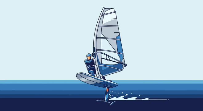 Dynamic Wind foiling Athlete Riding Waves Under Clear Skies
