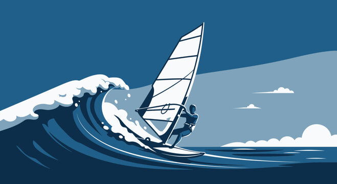Dynamic Windsurfing Action On A Crashing Wave With A Stylized Silhouette