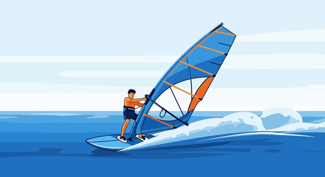 Dynamic Windsurfing Action On Bright Blue Waters