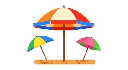 Fototapeta premium A whimsical depiction of colorful beach umbrellas on a sandy base, simple vector style
