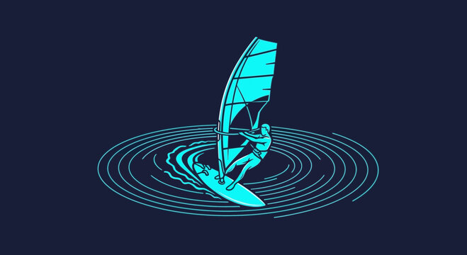 Dynamic Windsurfing Silhouette With Concentric Water Ripples
