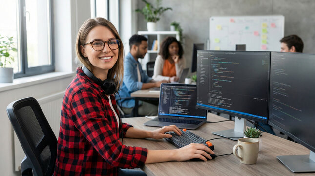 Portrait of a happy young female programmer writing code on multiple monitors in a bright modern office, with diverse colleagues working in the background.