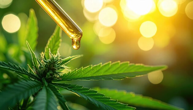 Liquid drop falling from glass pipette onto green cannabis leaf in bright natural sunlight with bokeh