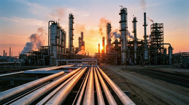 An industrial oil refinery or petrochemical plant silhouetted against a vibrant orange and blue sunset. The foreground features prominent parallel pipelines leading toward the complex of towers.