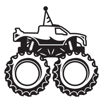 Black and white drawing of a monster truck