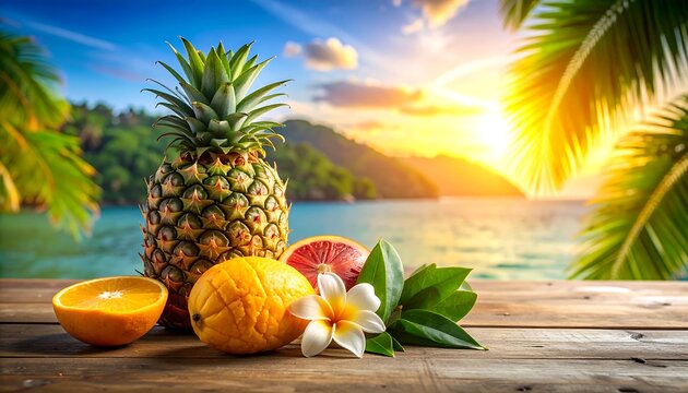 A tropical scene featuring fresh fruit arranged on a wooden table, with ocean, sunset, and palm tree elements