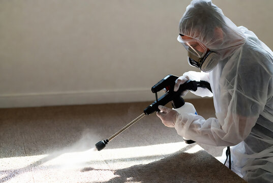 A worker wearing protective gear is spraying a carpet with a fogging machine. It&rsquo;s taking place in an indoor room, likely a home or office.