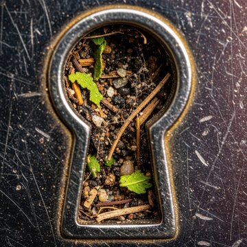 Extreme closeup of an old metal keyhole filled with obstructing debris, rendering the security mechanism completely useless and jammed, access, steel, problem