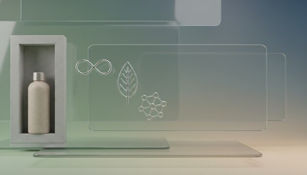 Eco Friendly Cosmetic Product in Box with Infinity Loop and Leaf Icons on Green Gradient Background