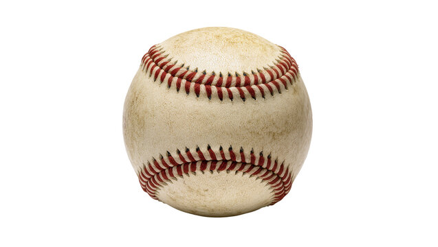 Isolated well-worn baseball with classic red stitching, showing age and character from play.