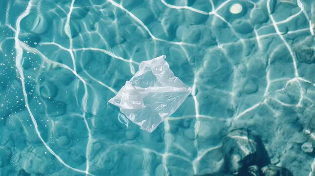Plastic bag floating in clear water, environmental pollution concept with gentle water movement and light refraction.