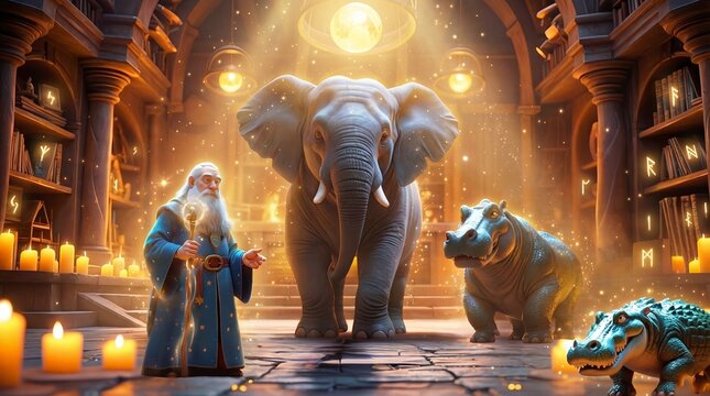 Wizard with Magical Animals in Enchanted Library Fantasy Scene