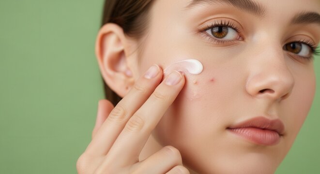 Woman applying cream to face with pimples