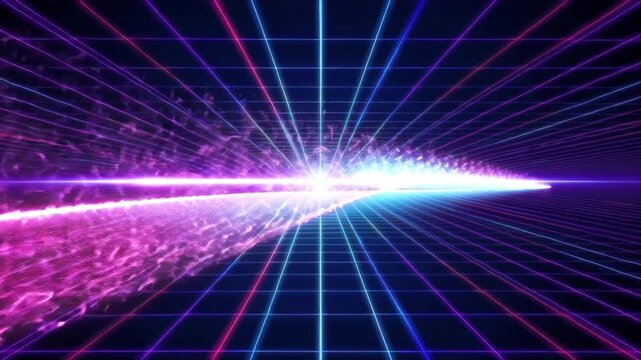 3D Synthwave terrain landscape, digital blue purple glow cyberspace laser neon grid floor perspective, abstract futuristic retrowave poster design, 80s retro arcade game style motion background loop