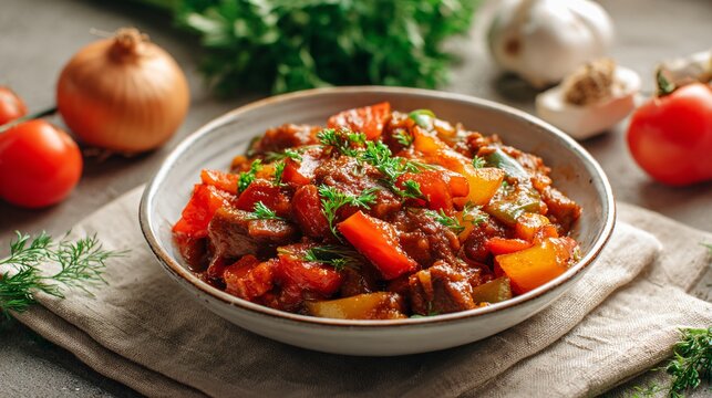 A vegetable-rich goulash with peppers and tomatoes is styled on a beige linen cloth with bright airy daylight