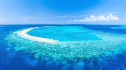 Obraz premium Aerial tropical sandbar in turquoise lagoon, Minimal island seascape, Crystal clear reef water and curved shoreline, Luxury vacation destination, Panoramic ocean background, Copy space, Exotic